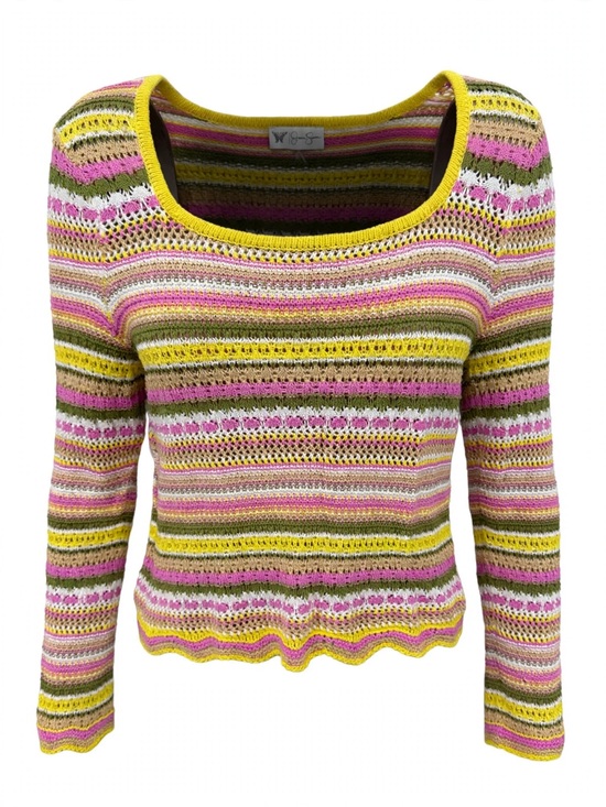 Jessica Simpson Sweaters - Jessica Simpson Striped Open-Knit Scoop Neck Sweater - Pink/Yellow/Green